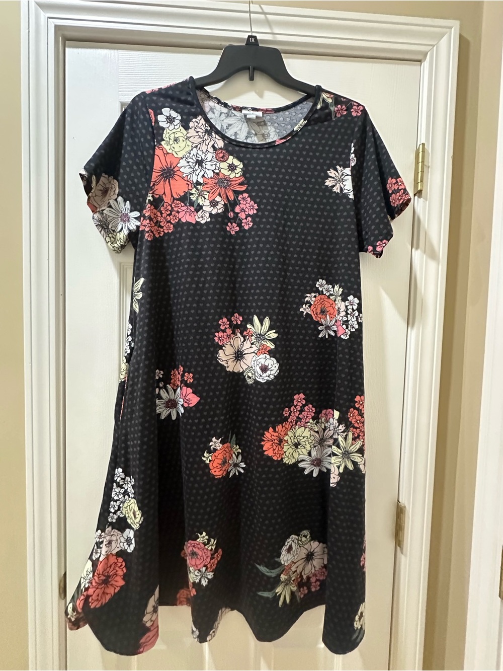 LuLaRoe Black Top with Coral and Cream Floral Accents